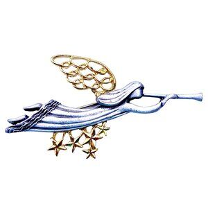Flying Angel Pin Brooch Trumpet Dangling Stars Gold Silver Metal Vintage